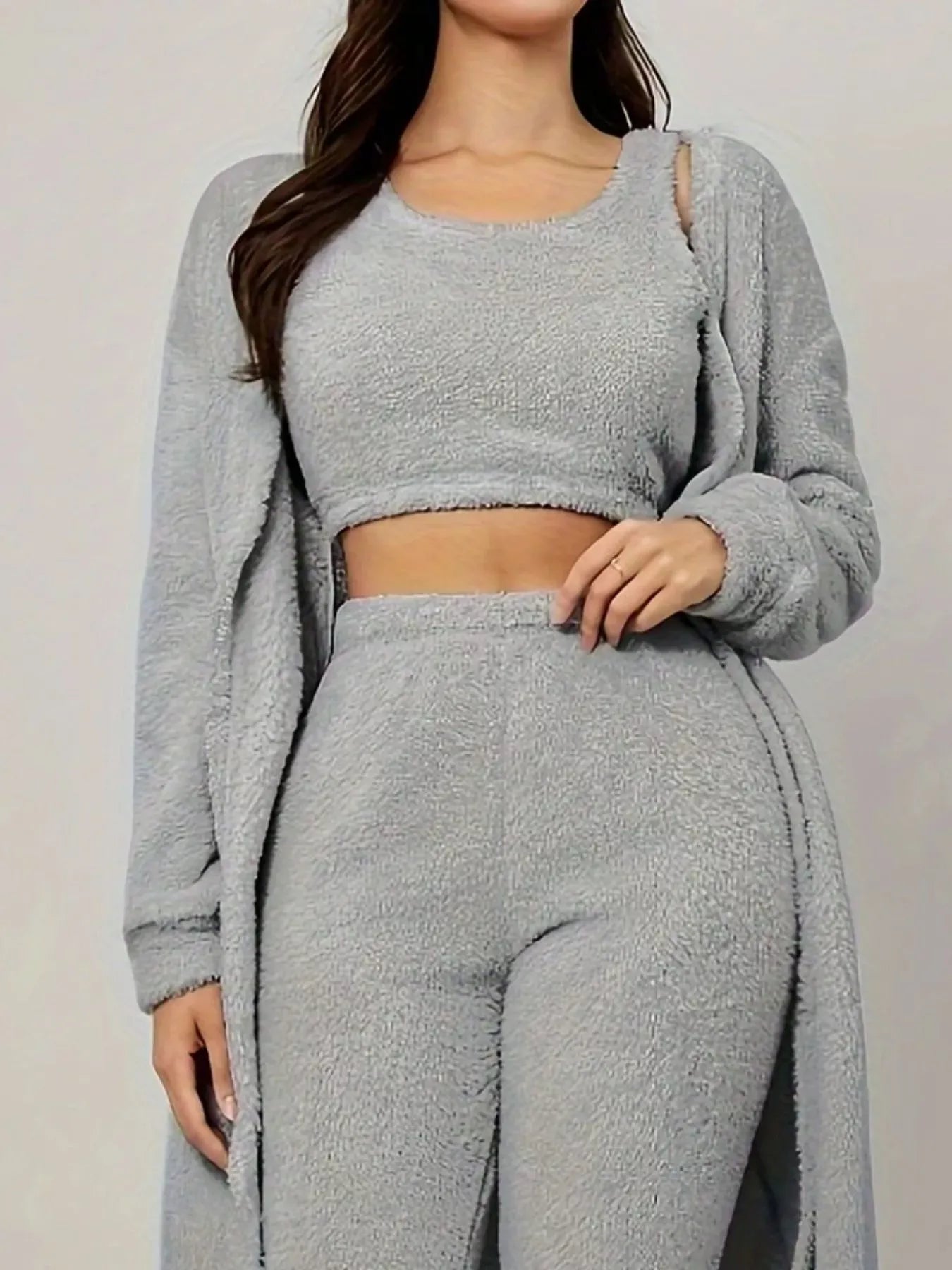 Fashorio Fuzzy Tank Long Sleeve Cardigan and Pants 3-Piece Lounge Set