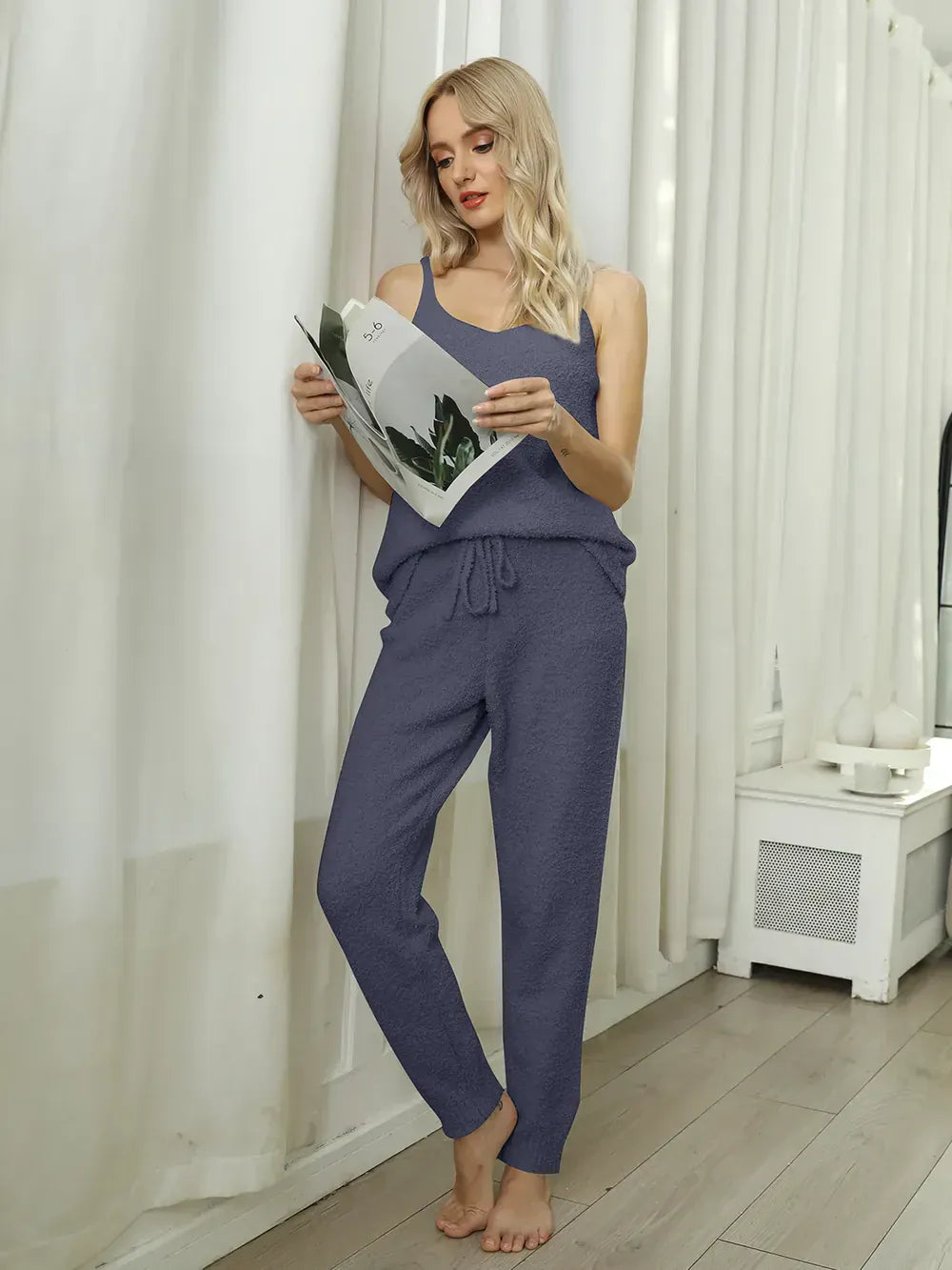 Fashorio Fuzzy V-Neck Cami and Pants Lounge Set