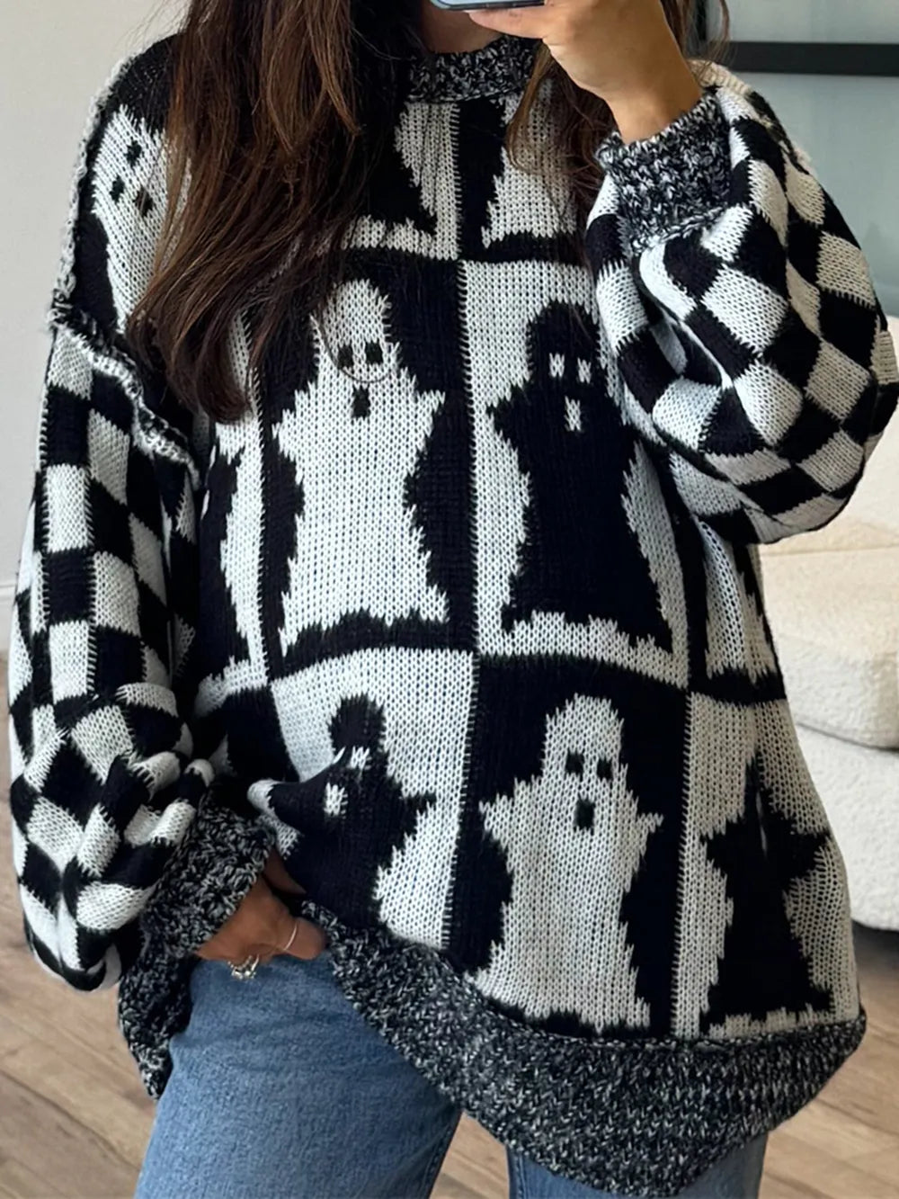 Fashorio Ghost Dropped Shoulder Long Sleeve Sweater