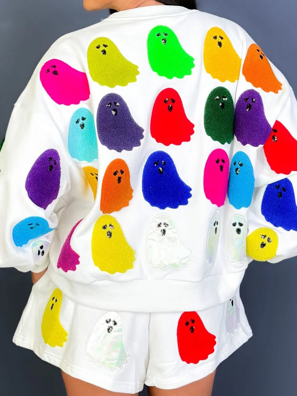 Fashorio Ghost Printed Round Neck Long Sleeve Top and Shorts Set