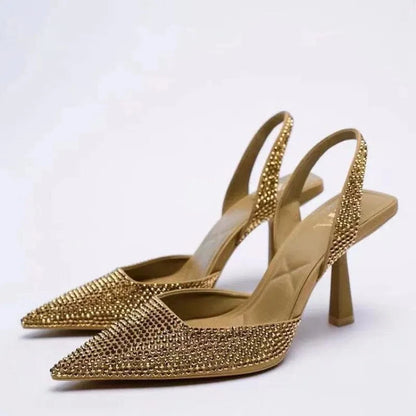 Rhinestone Slingback High Heel Pumps Gold - Fashorio