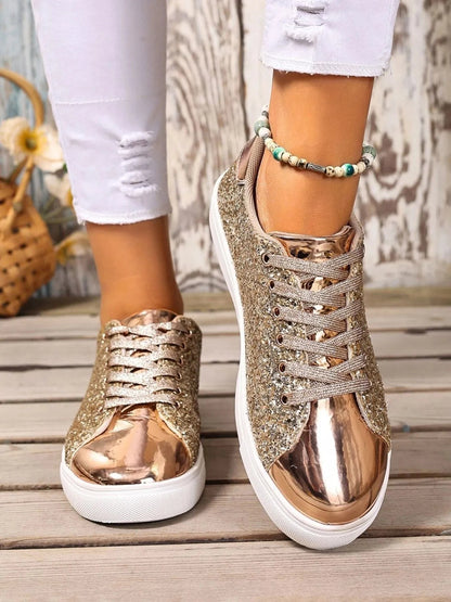 Sequin Lace Up Sneakers Gold - Fashorio