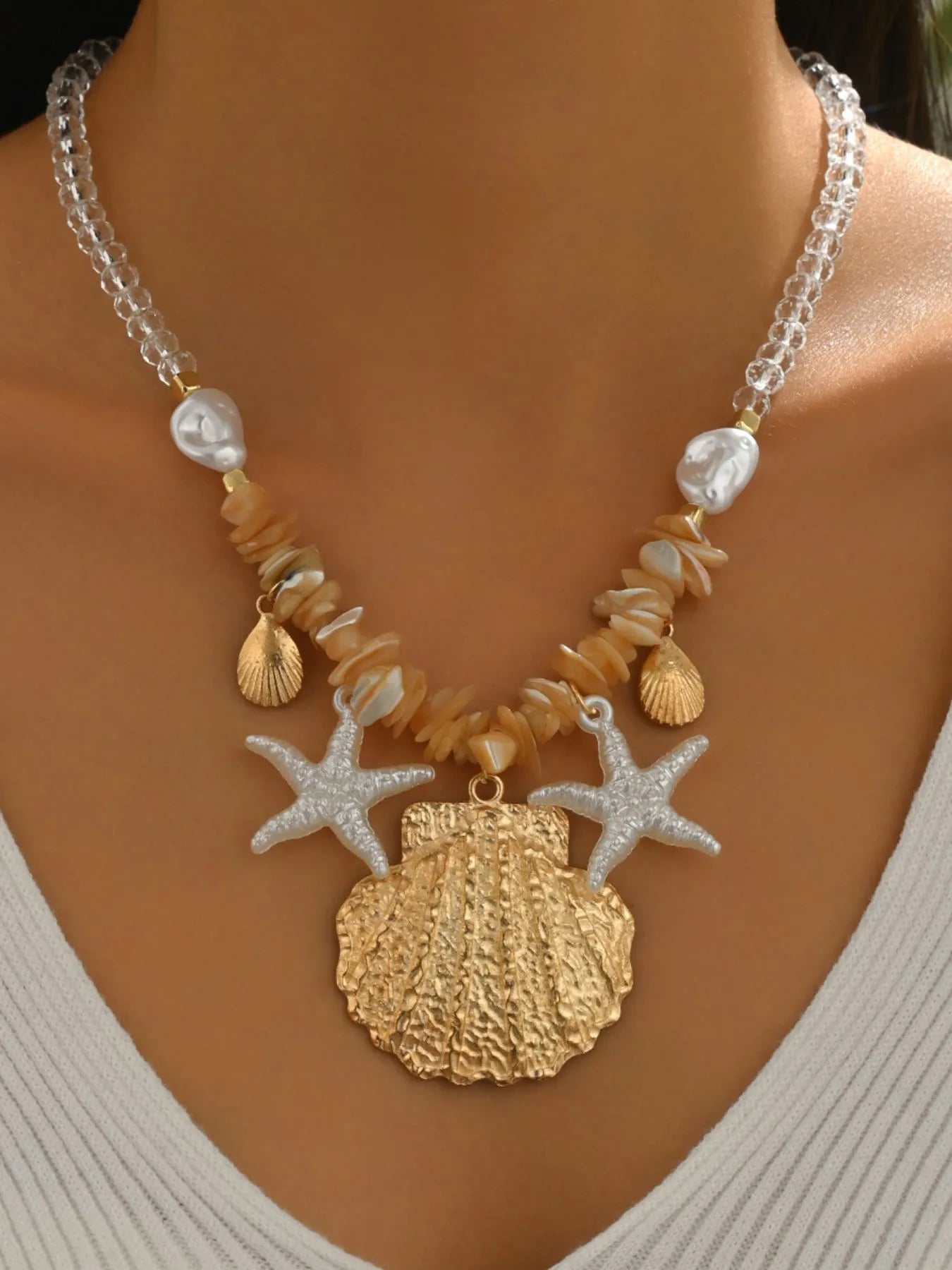Fashorio Gold / One Size 18K Gold-Plated Beach Shell Starfish Pendant Necklace