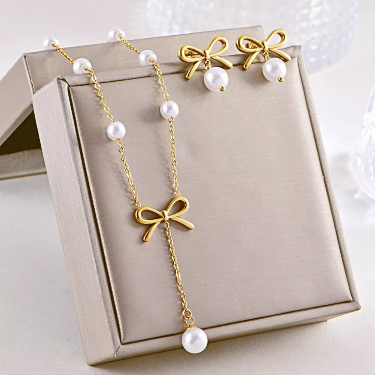 Fashorio Gold / One Size 18K Gold-Plated Bowknot Pearl Jewelry Set