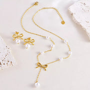 Fashorio Gold / One Size 18K Gold-Plated Bowknot Pearl Jewelry Set