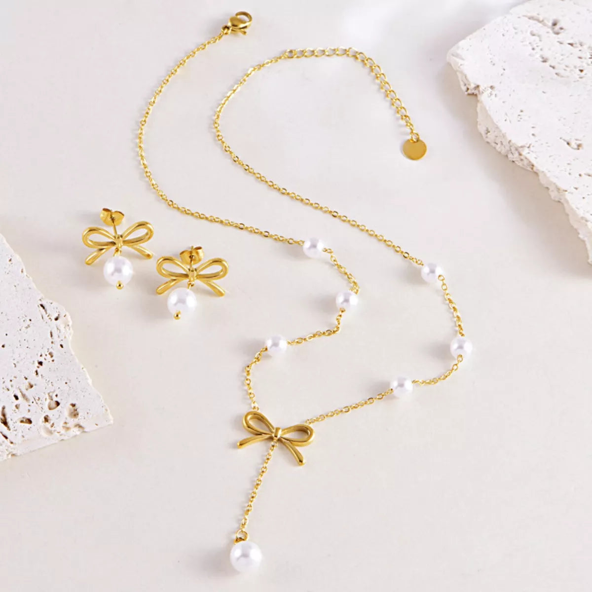Fashorio Gold / One Size 18K Gold-Plated Bowknot Pearl Jewelry Set