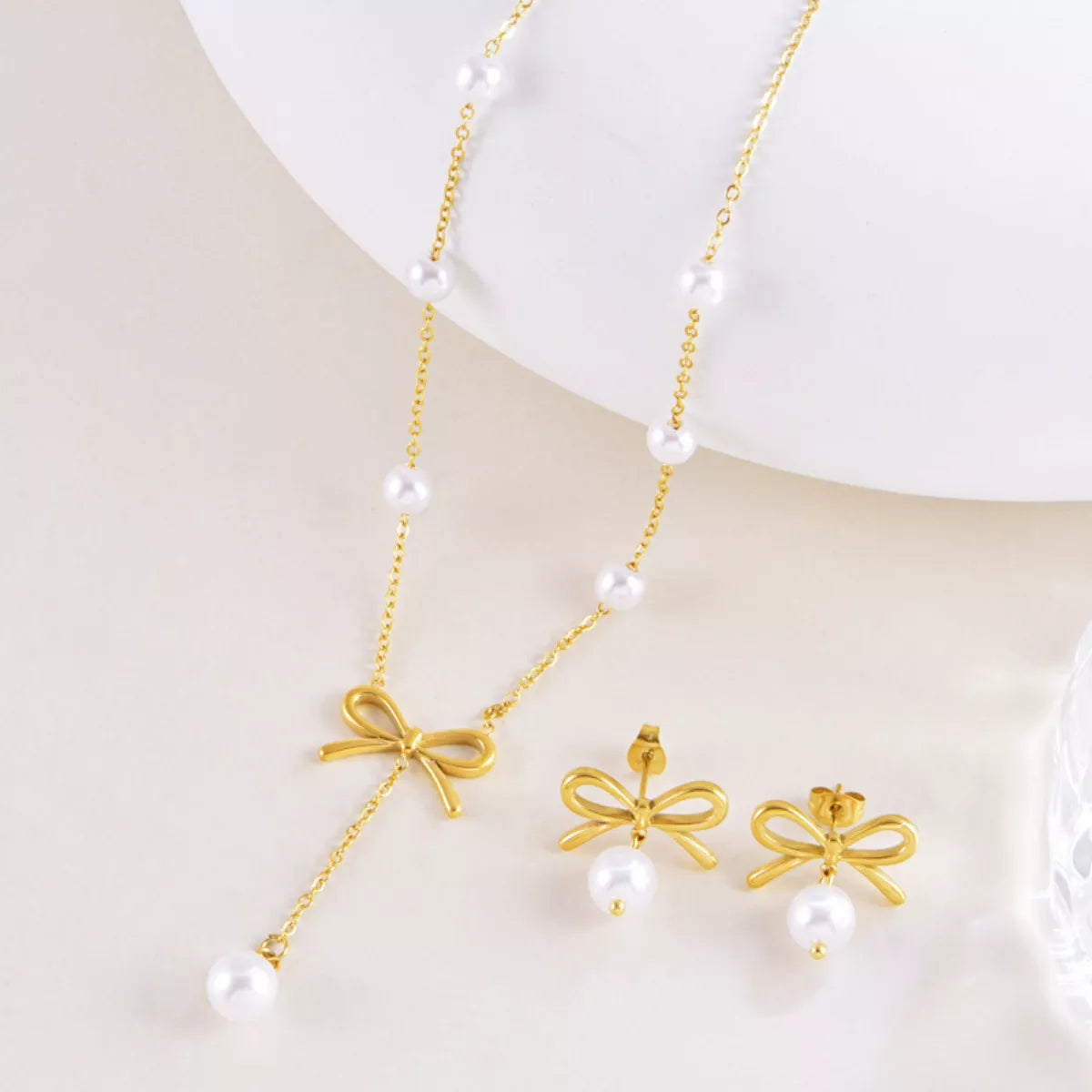 Fashorio Gold / One Size 18K Gold-Plated Bowknot Pearl Jewelry Set