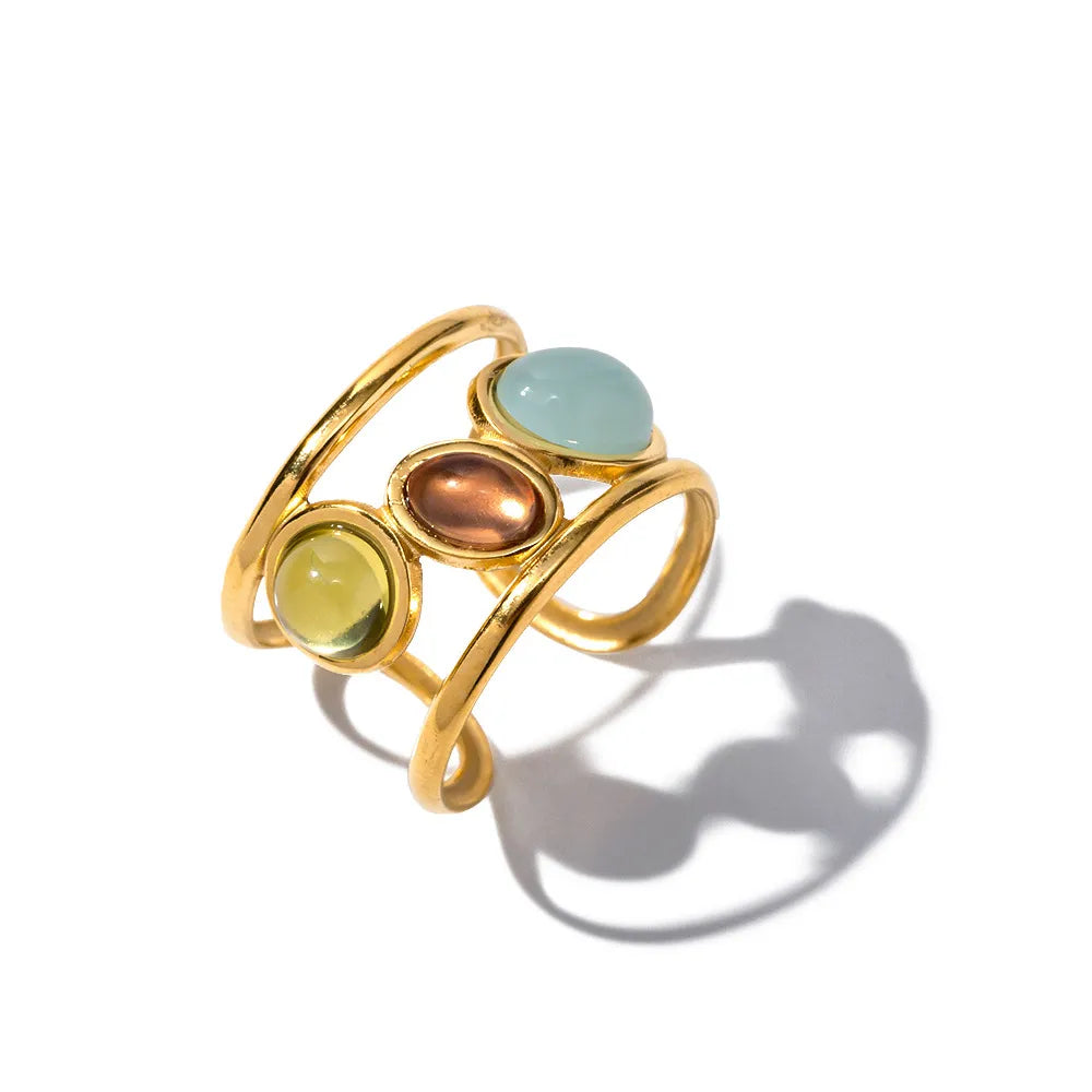 Fashorio Gold / One Size 18K Gold-Plated Gemstone Open Cuff Ring