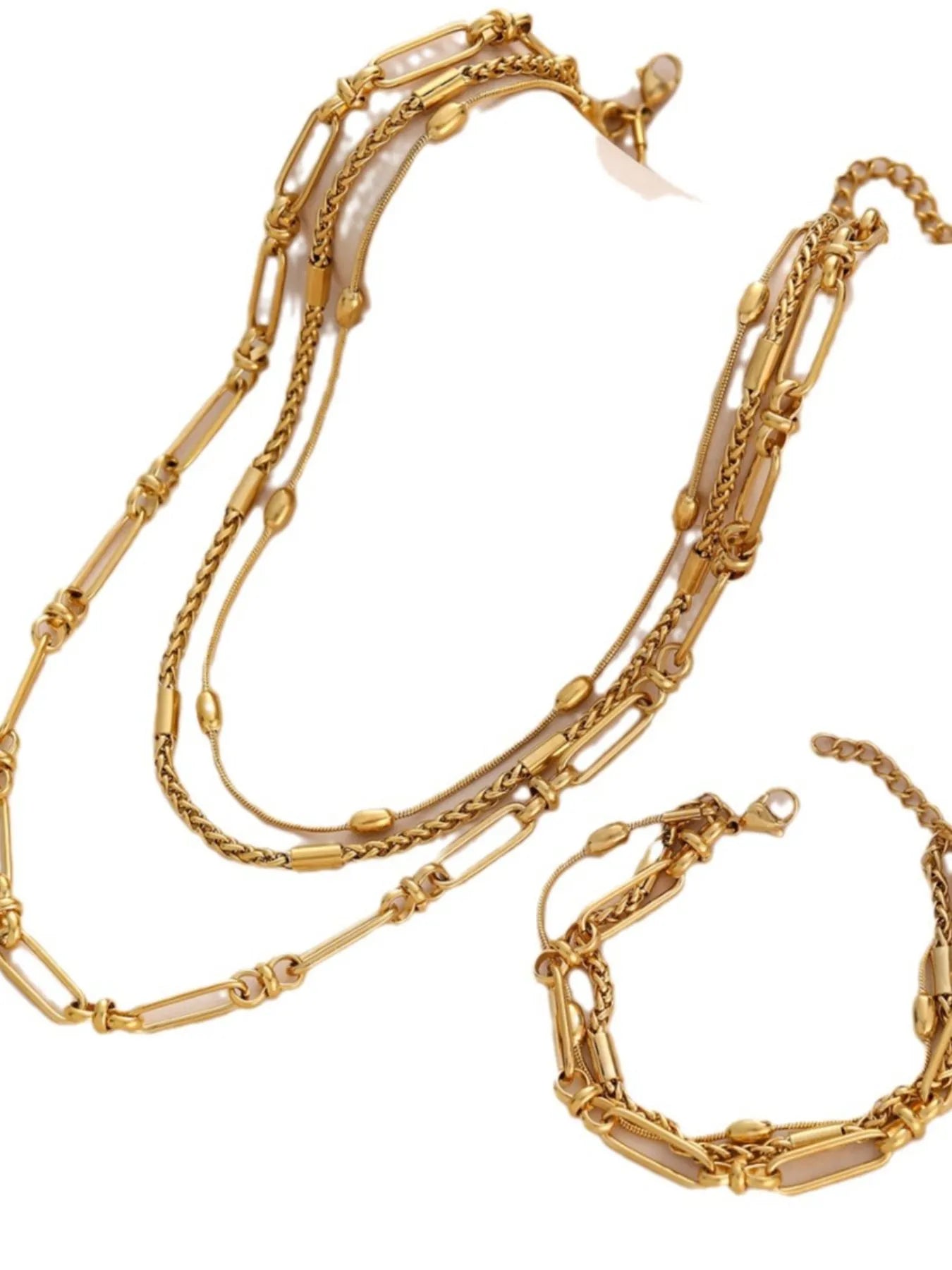 Fashorio Gold / One Size 18K Gold-Plated Layered Chain Necklace and Bracelet Jewelry Set