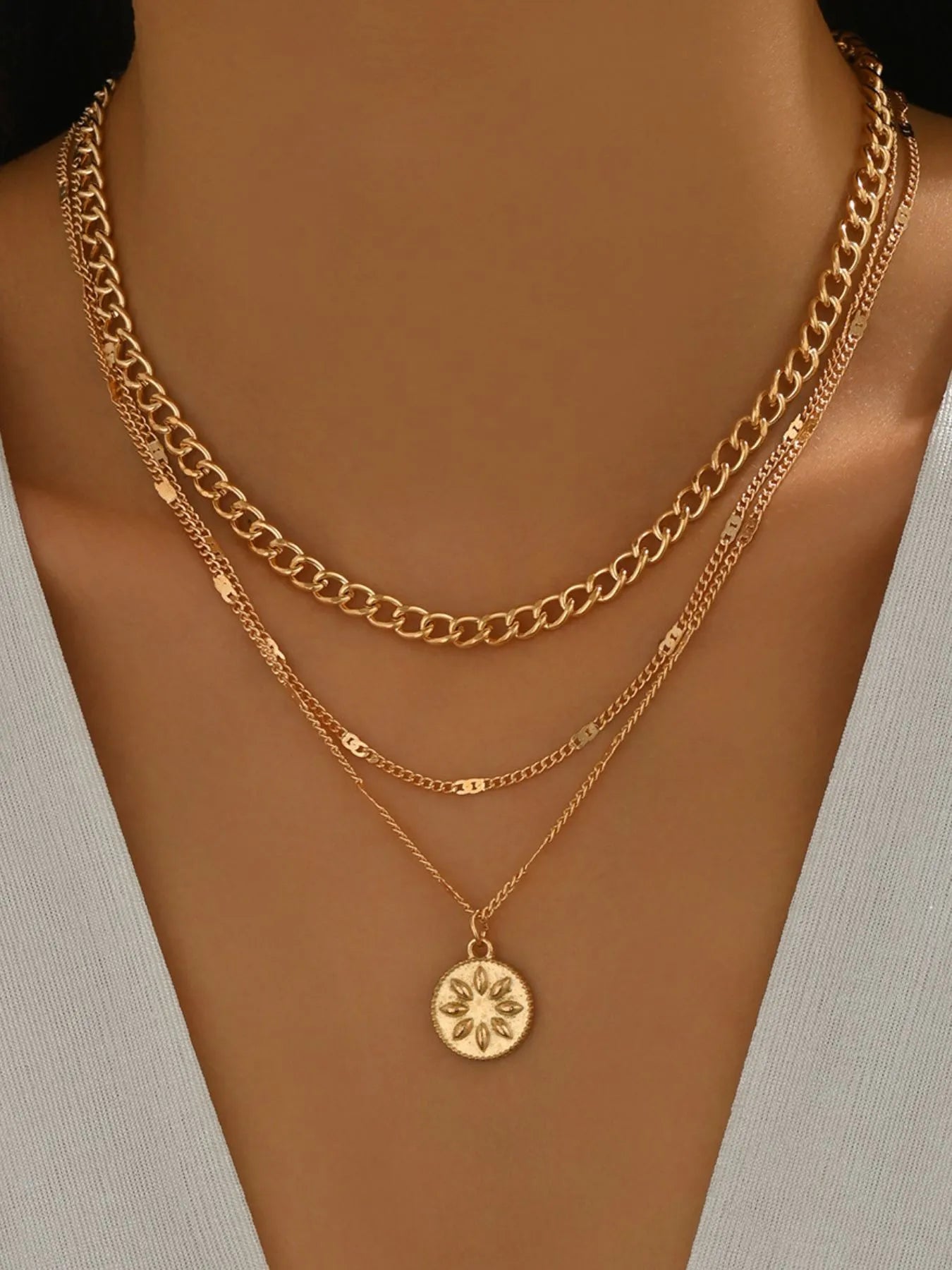 Fashorio Gold / One Size 18K Gold-Plated Layered Necklace with Sun Medallion Pendant