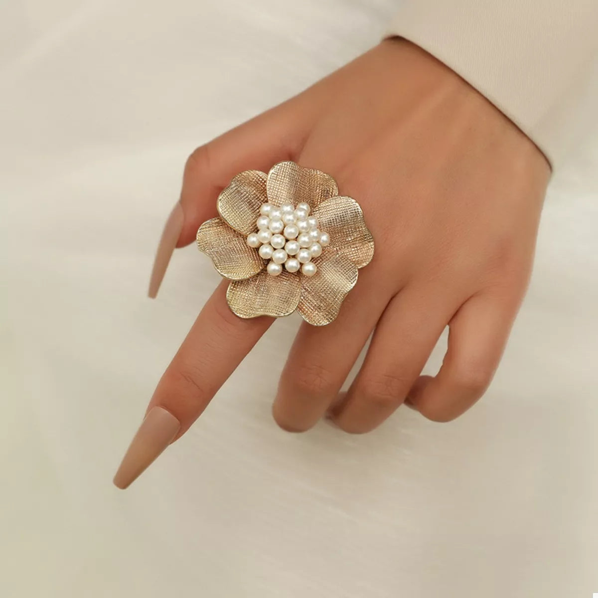 Fashorio Gold / One Size 18K Gold-Plated Pearl Flower Ring