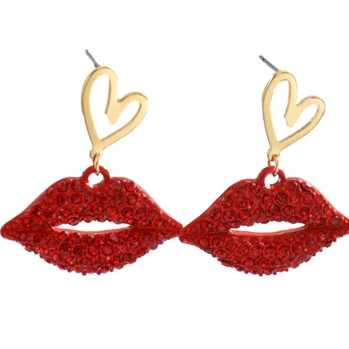 Fashorio Gold / One Size 18K Gold-Plated Rhinestone Lips Heart Dangle Earrings