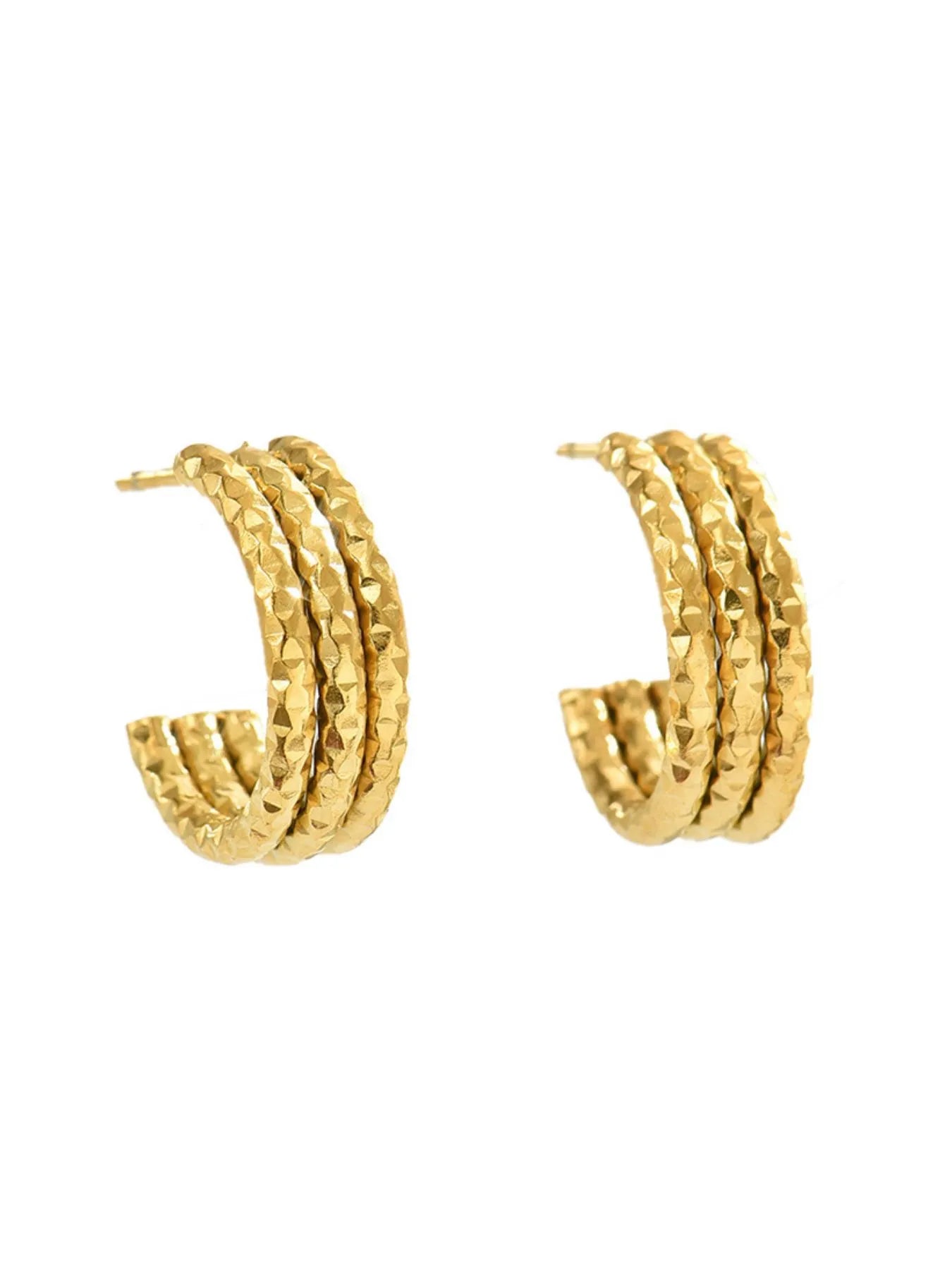 Fashorio Gold / One Size 18K Gold-Plated Textured Triple Band Hoop Earrings