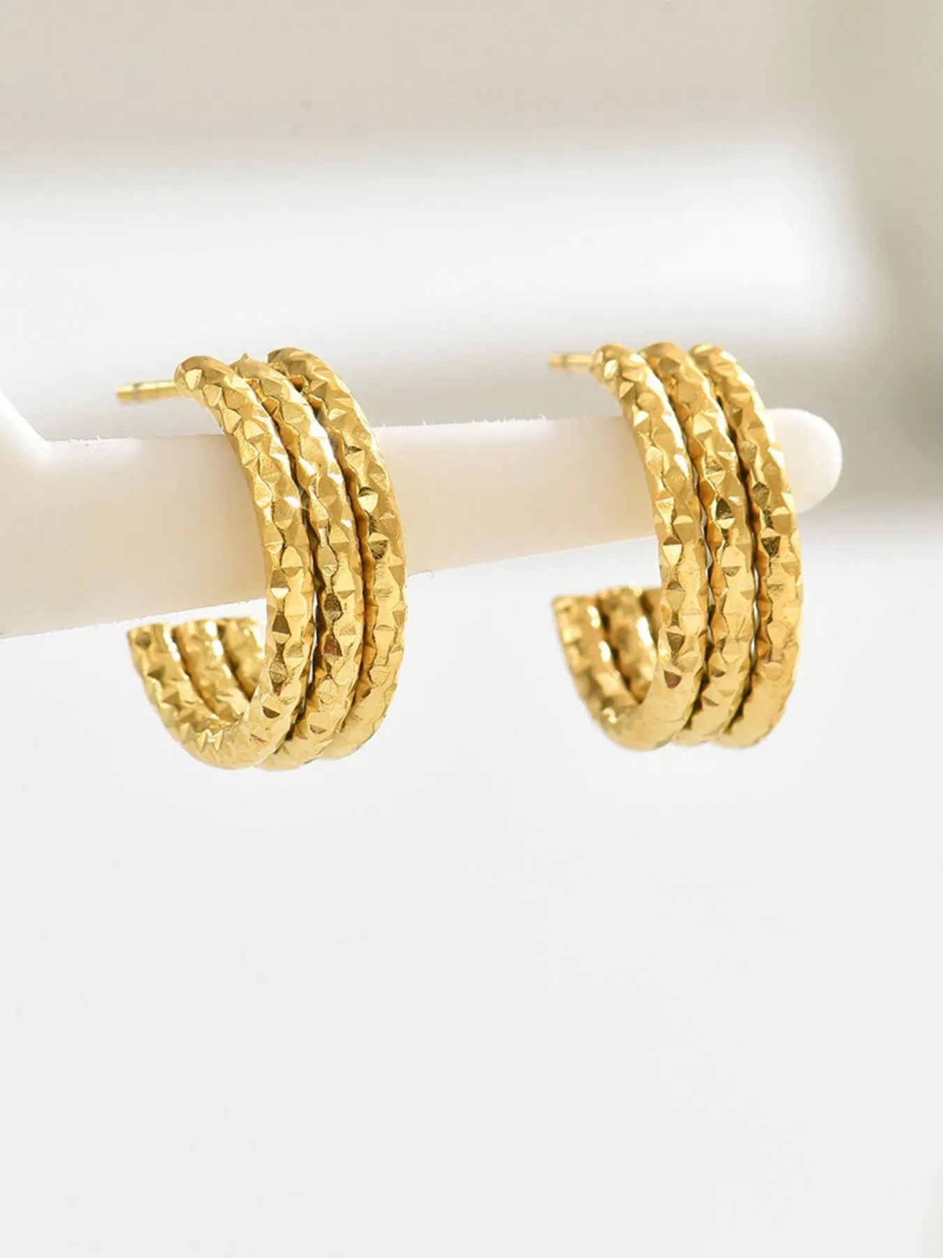 Fashorio Gold / One Size 18K Gold-Plated Textured Triple Band Hoop Earrings