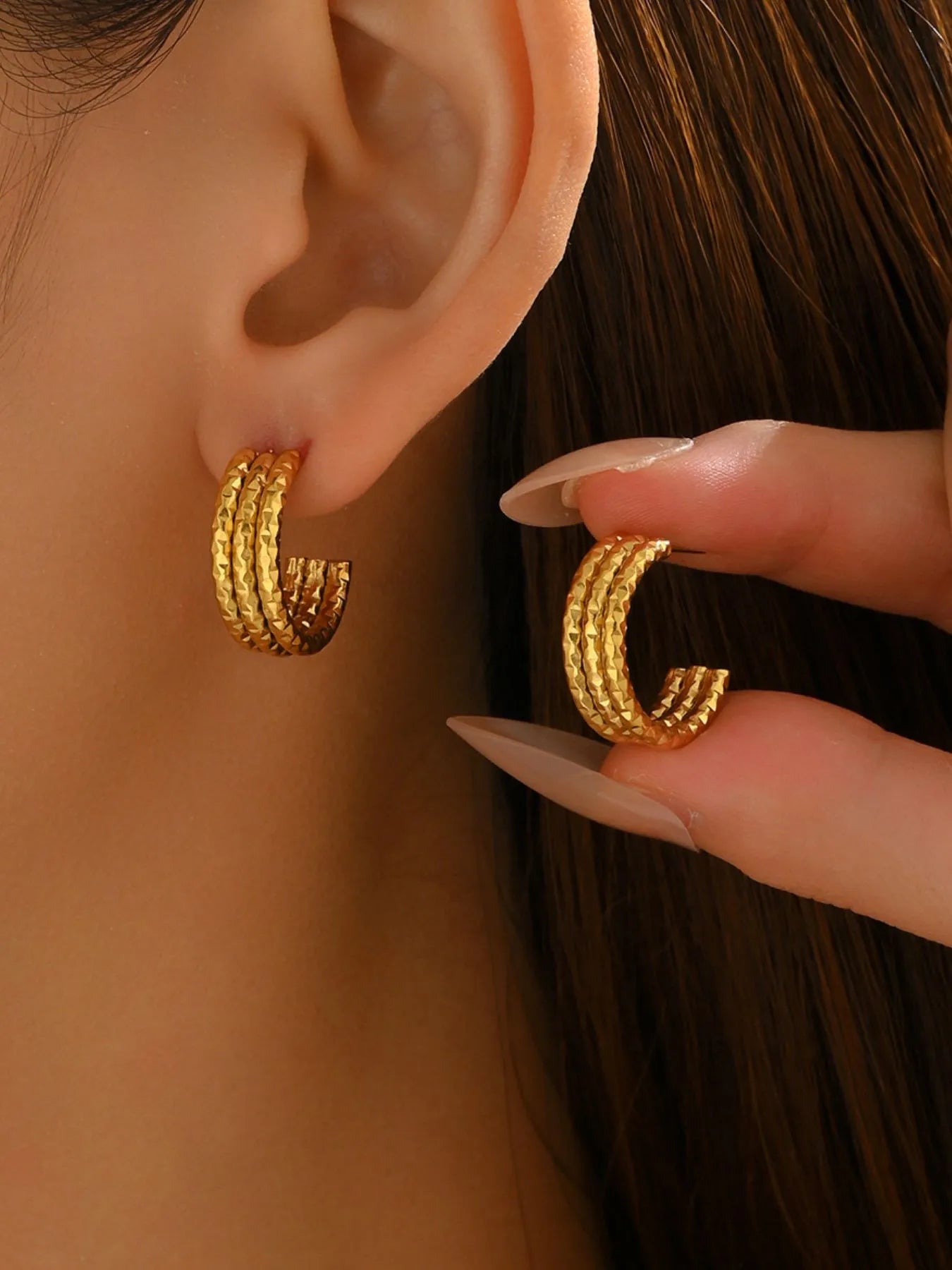 Fashorio Gold / One Size 18K Gold-Plated Textured Triple Band Hoop Earrings