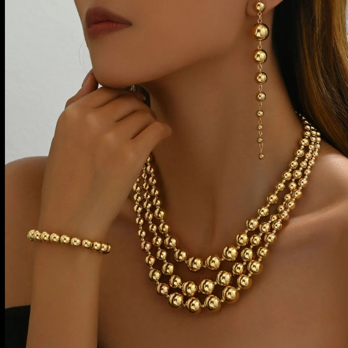 Fashorio Gold / One Size 18K Stainless Steel Beaded Multi-Layered Necklace Bracelet Earrings Jewelry Set