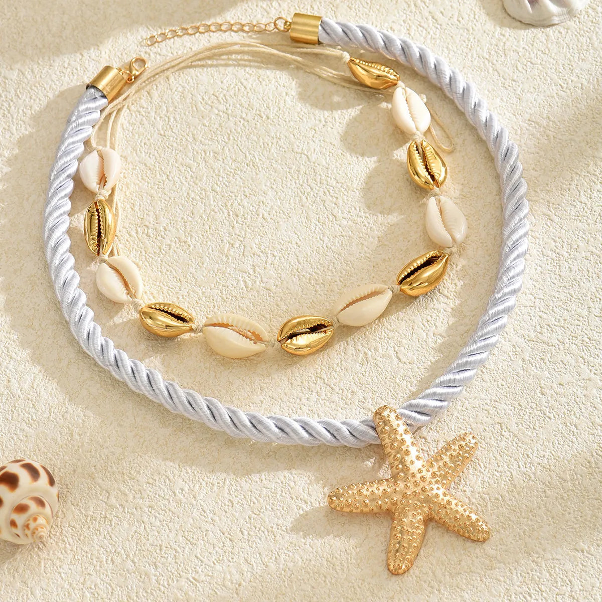 Fashorio Gold / One Size 2-Piece Beaded Shell Starfish Rope Necklace