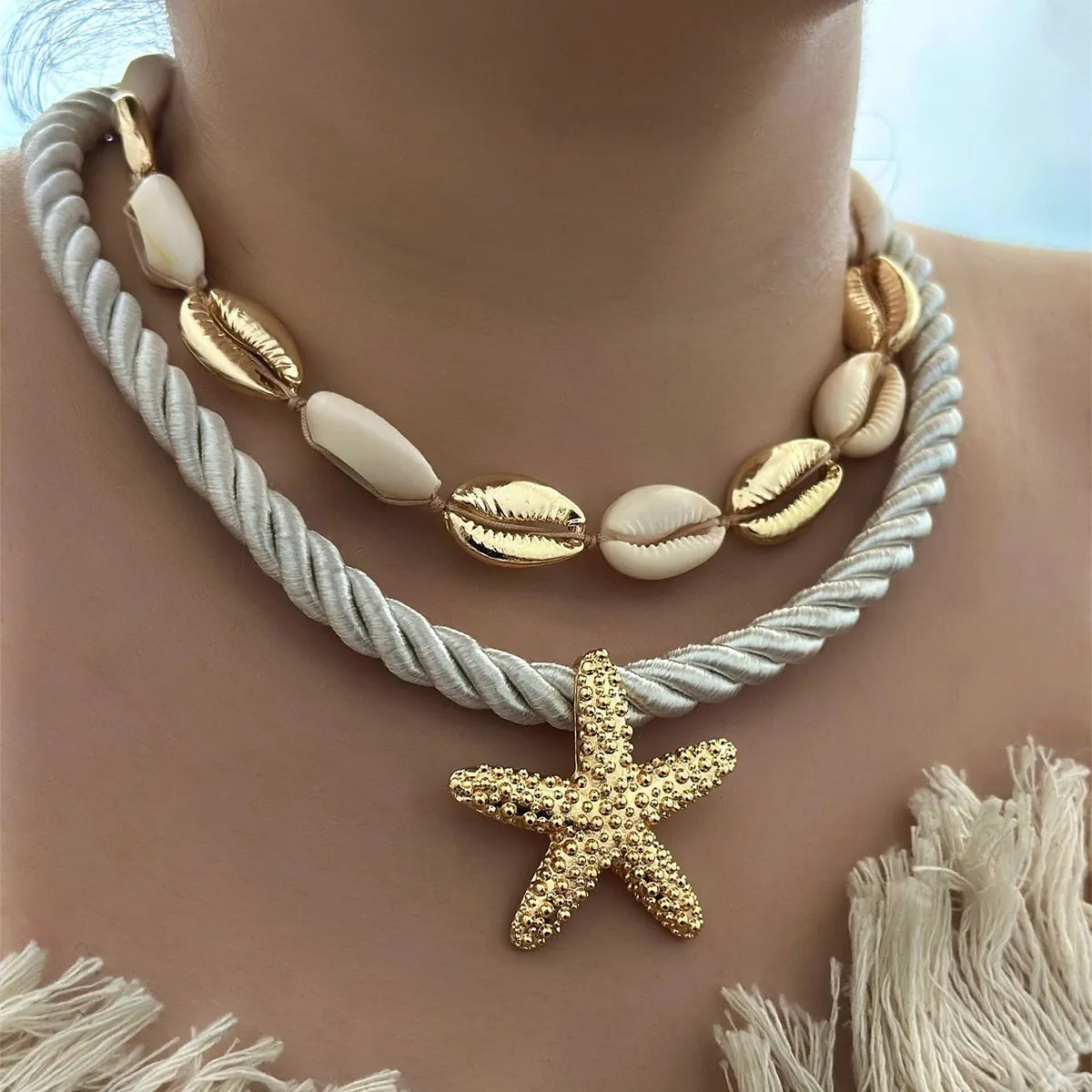 Fashorio Gold / One Size 2-Piece Beaded Shell Starfish Rope Necklace