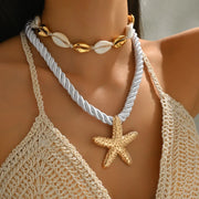 Fashorio Gold / One Size 2-Piece Beaded Shell Starfish Rope Necklace