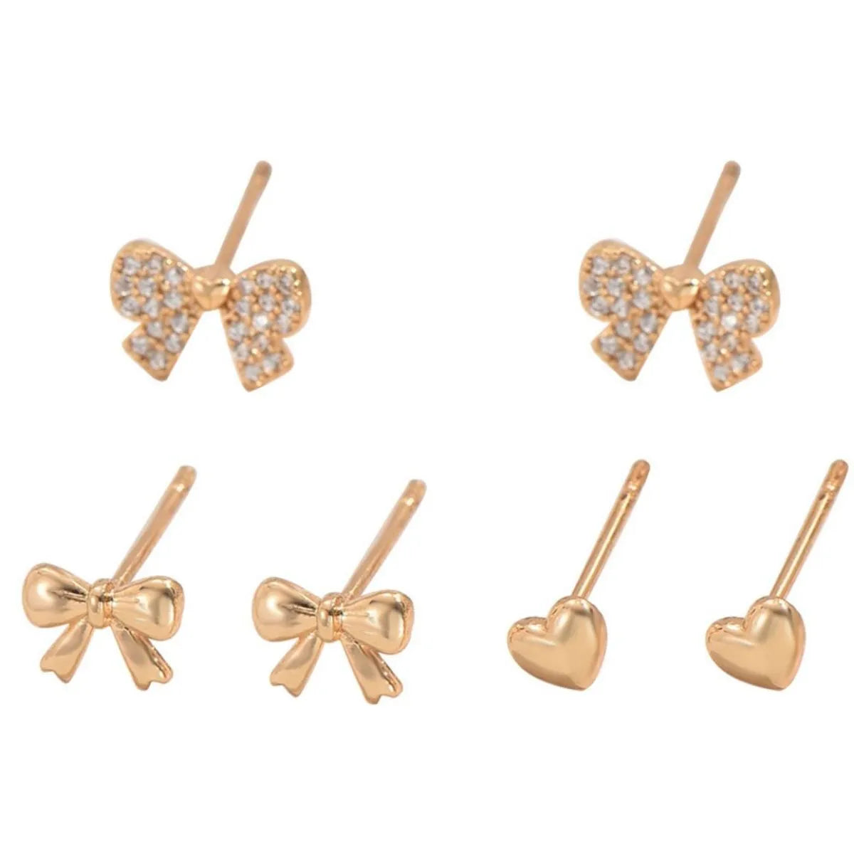 Fashorio Gold / One Size 6 Piece Bow Heart Stud Earrings Set