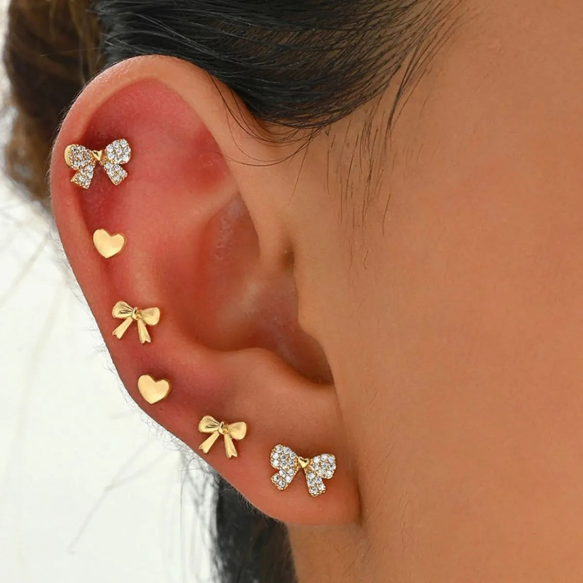 Fashorio Gold / One Size 6 Piece Bow Heart Stud Earrings Set