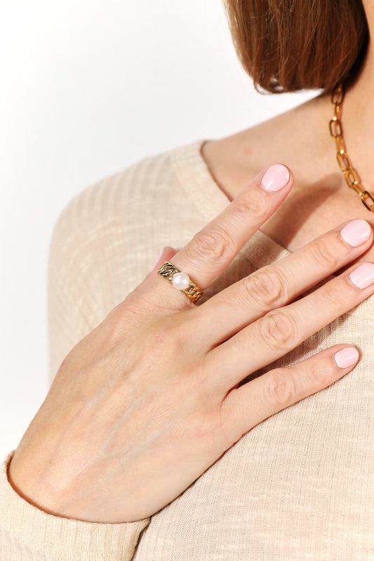 Adored Pearl Stainless Steel Open Ring Gold One Size - Fashorio