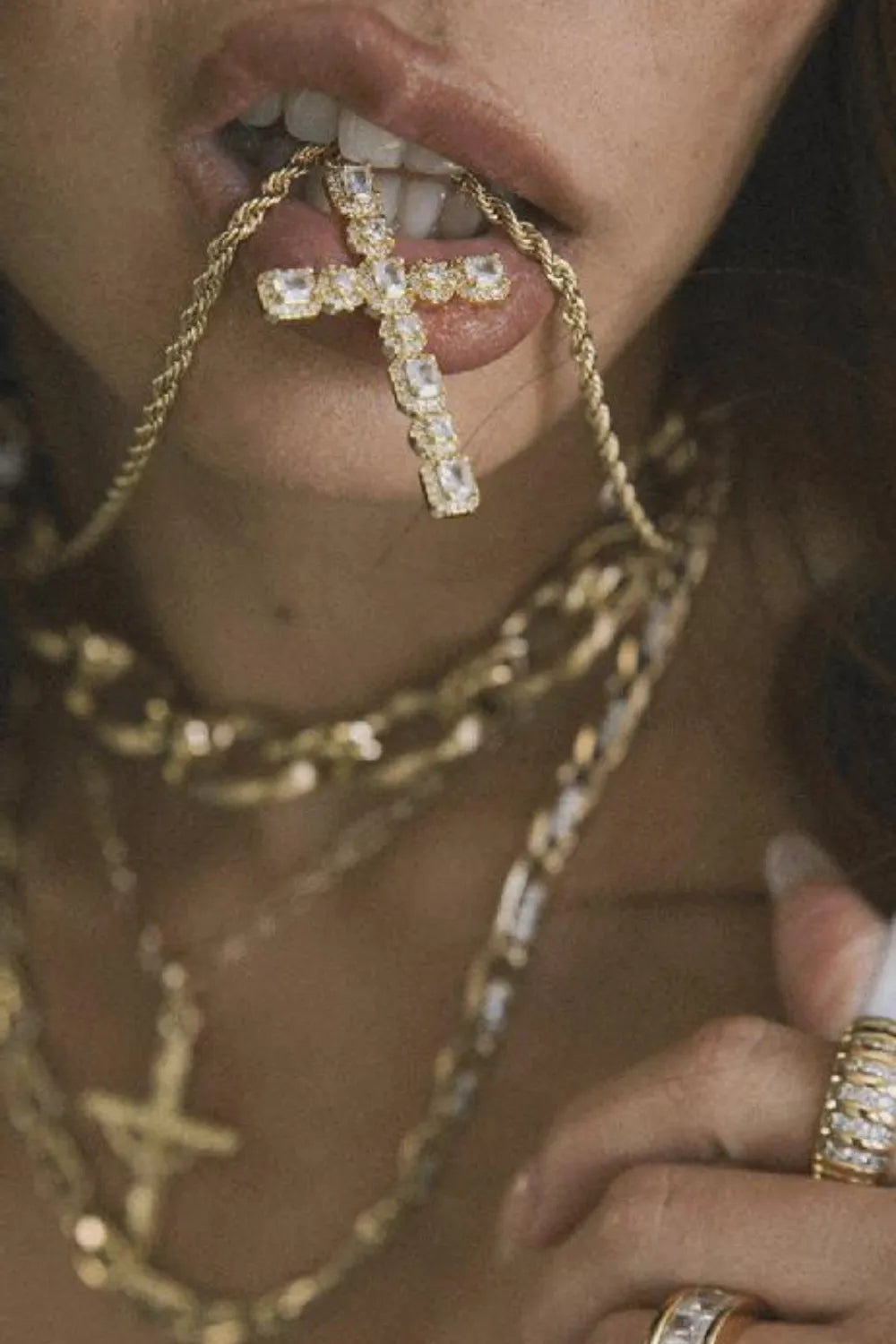 Fashorio Gold / One Size Brass Inlaid Zircon Cross Pendant Necklace