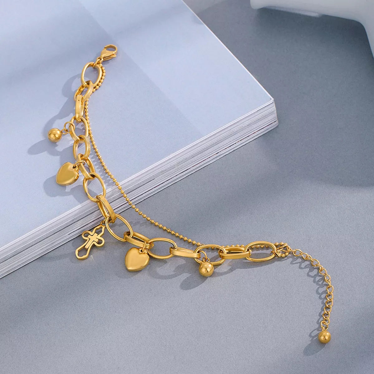 Fashorio Gold / One Size Cross and Heart Charm Bracelet