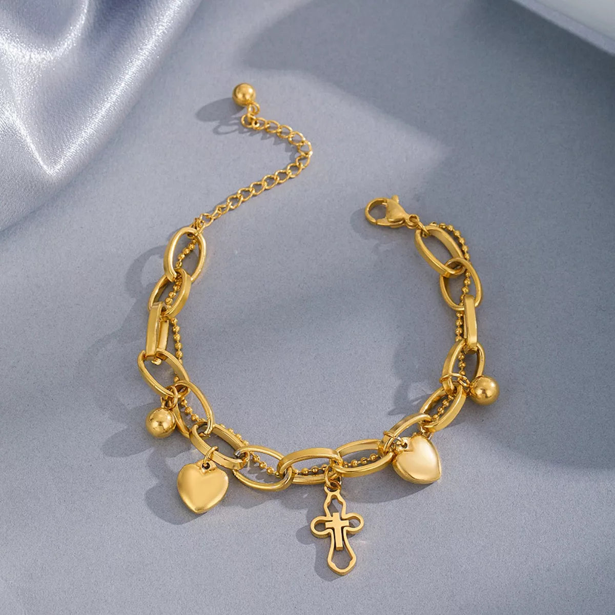 Fashorio Gold / One Size Cross and Heart Charm Bracelet