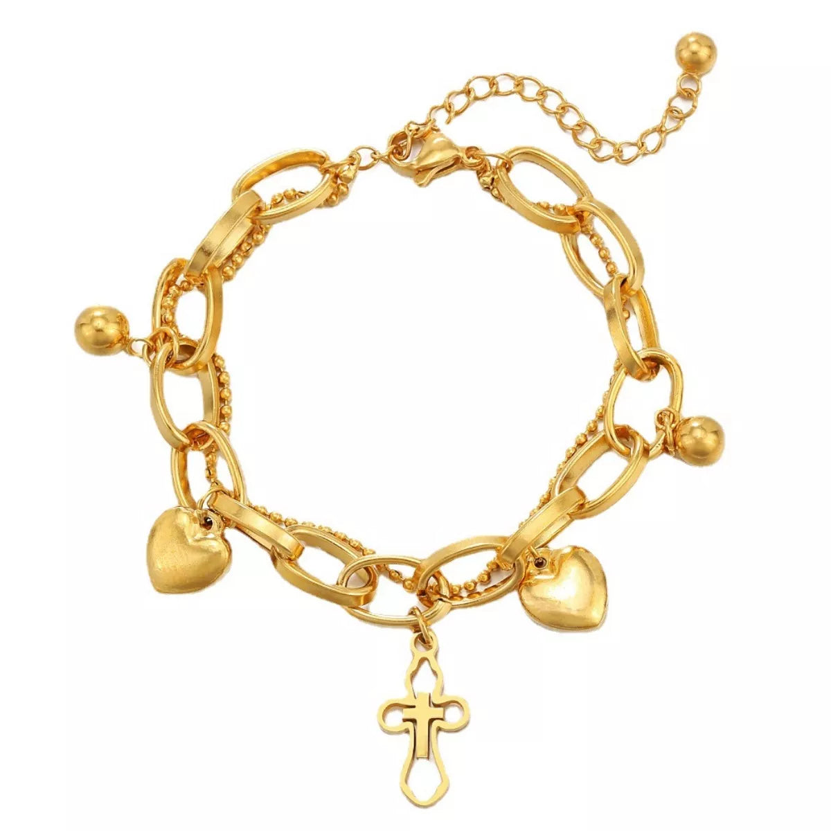 Fashorio Gold / One Size Cross and Heart Charm Bracelet