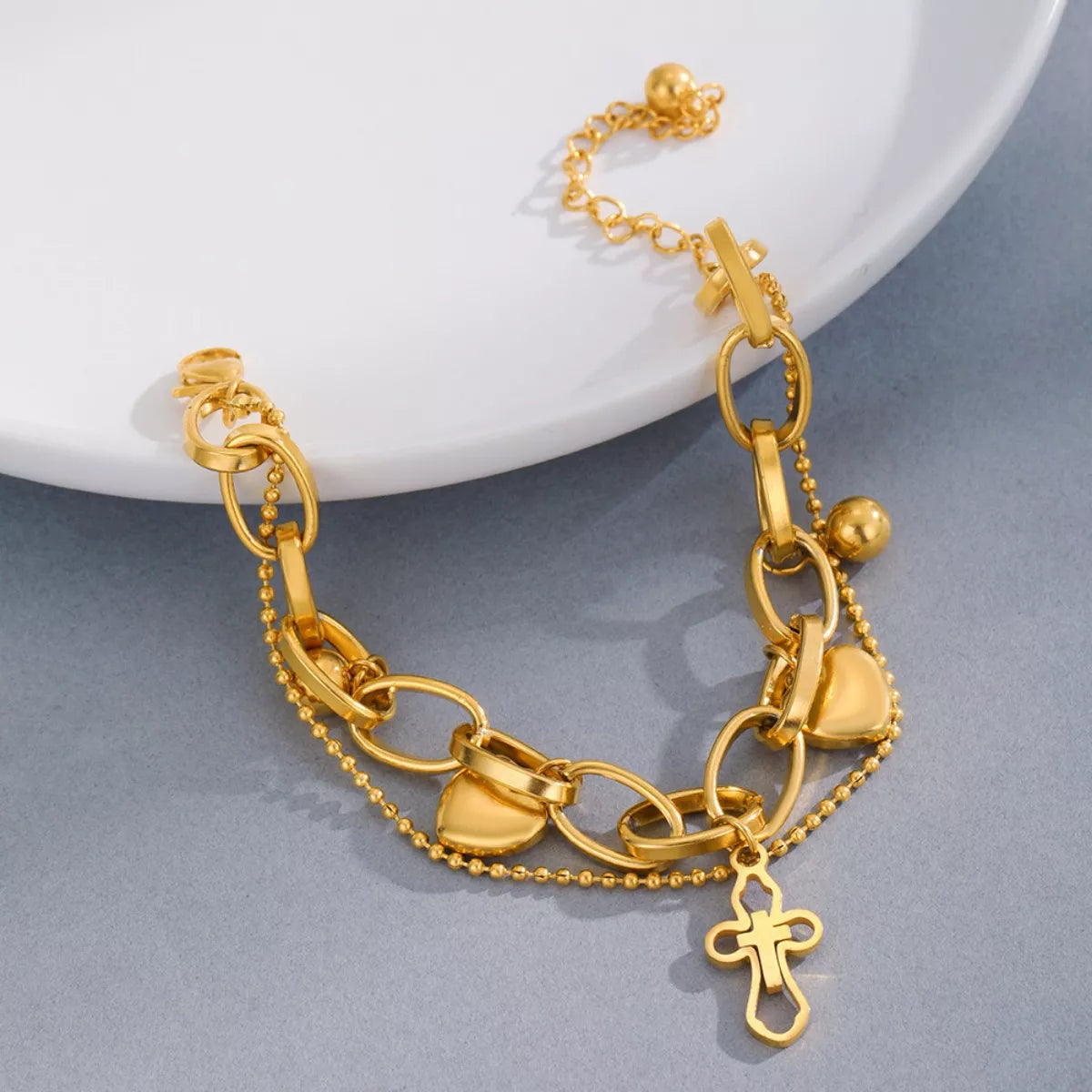 Fashorio Gold / One Size Cross and Heart Charm Bracelet