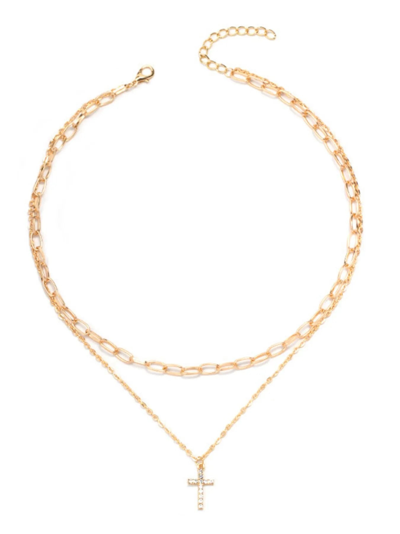 Fashorio Gold / One Size Double Layered Inlaid Zircon Cross Pendant Necklace