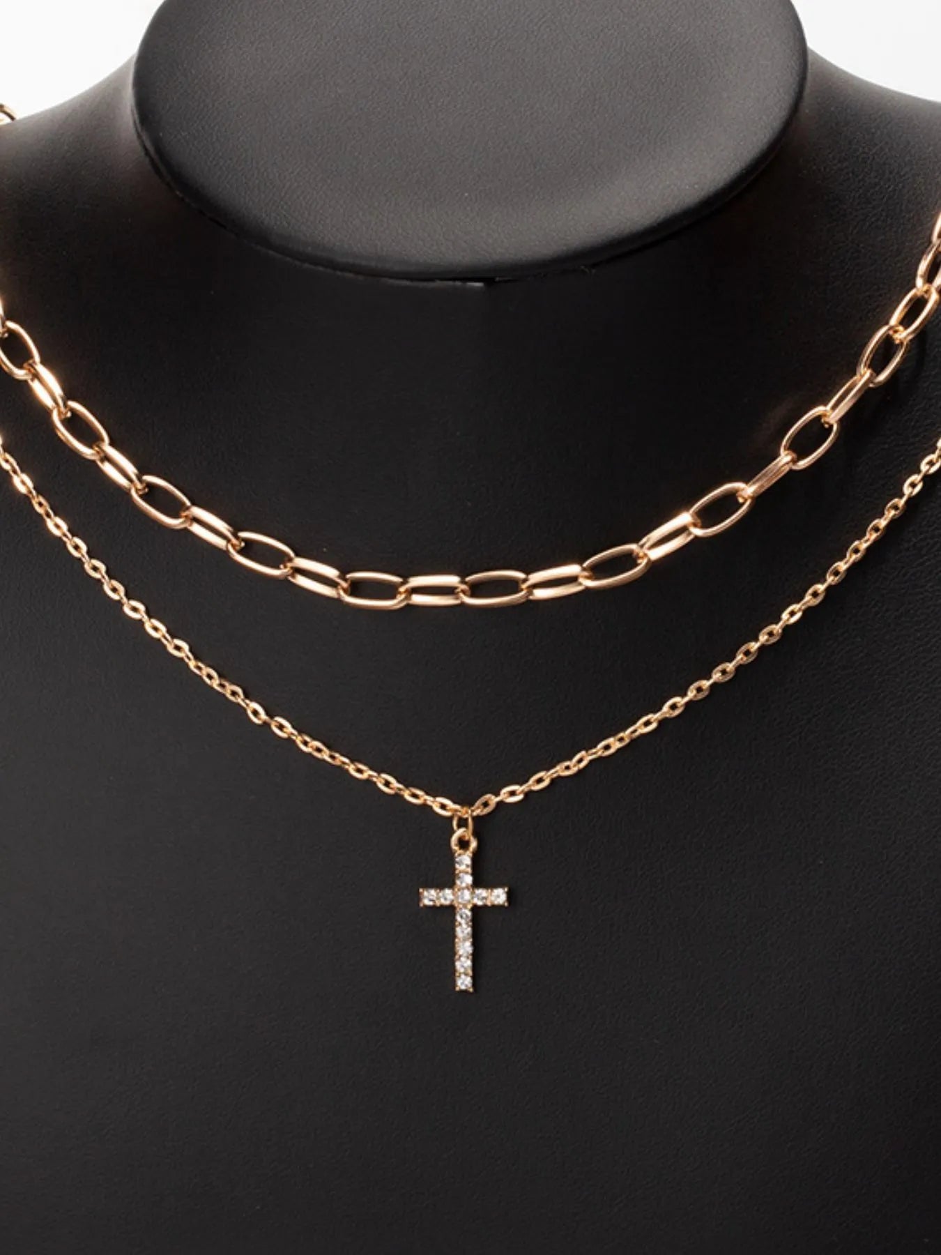 Fashorio Gold / One Size Double Layered Inlaid Zircon Cross Pendant Necklace