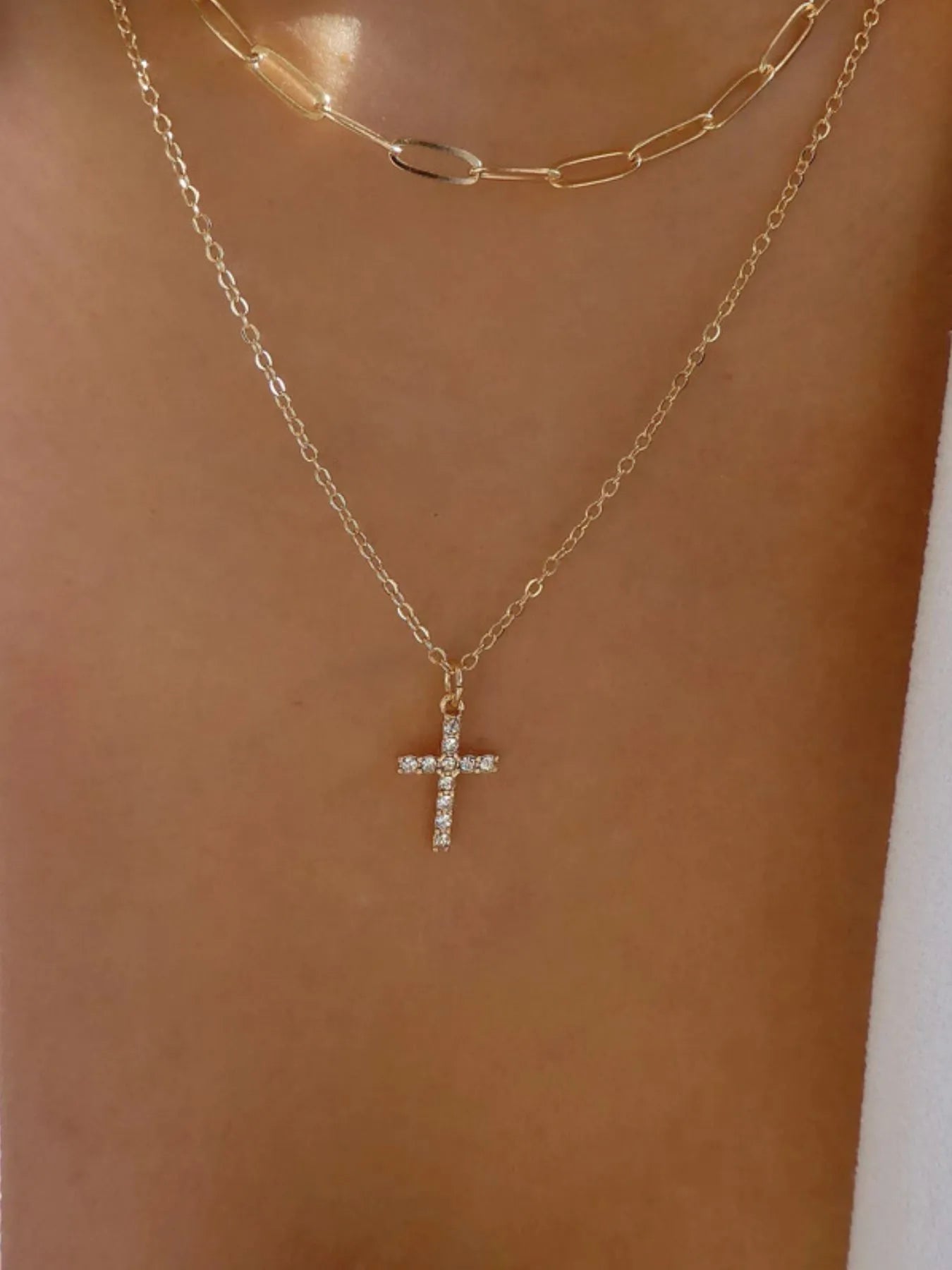 Fashorio Gold / One Size Double Layered Inlaid Zircon Cross Pendant Necklace