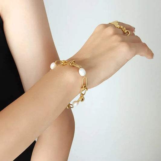 Freshwater Pearl Titanium Steel Bracelet Gold One Size - Fashorio