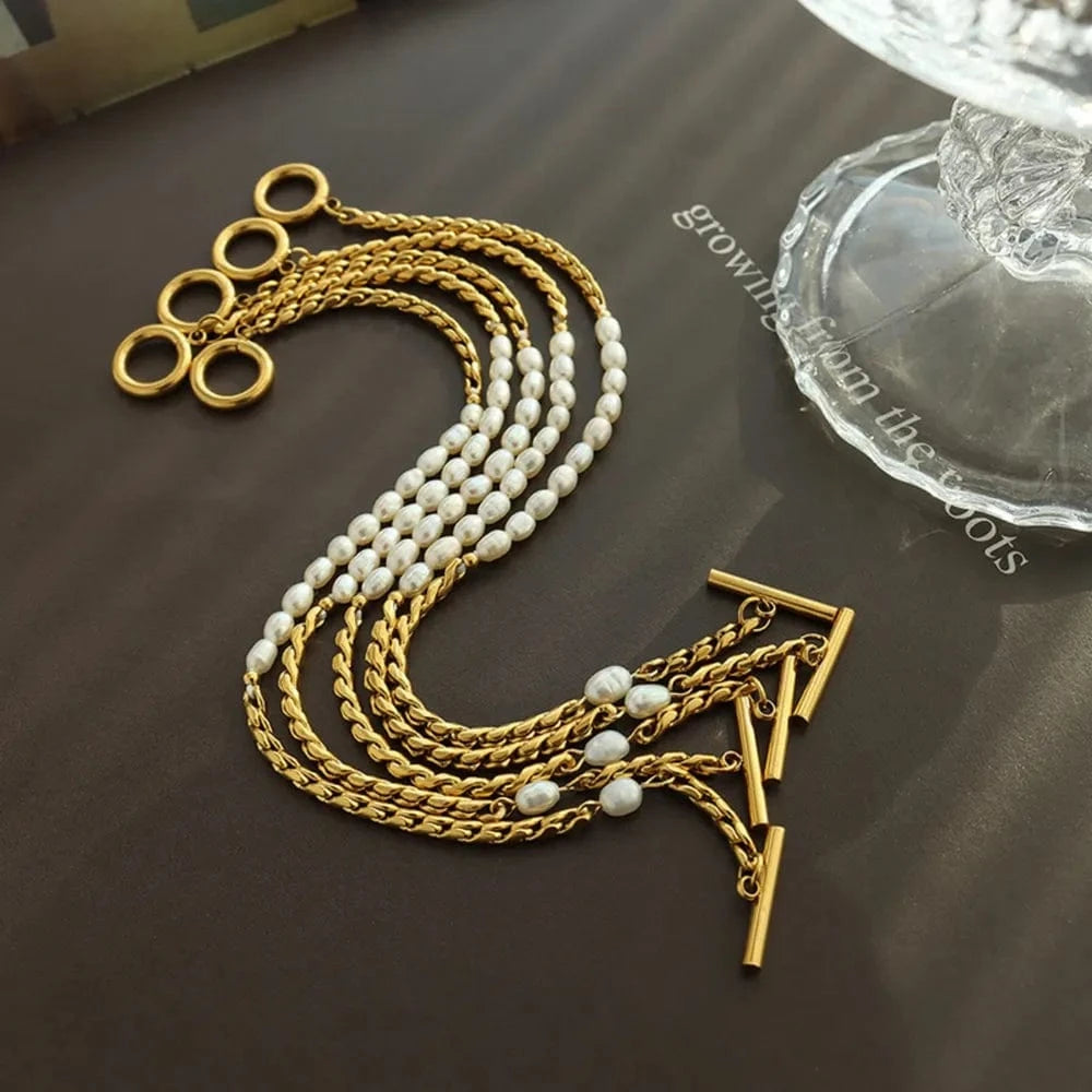 Fashorio Gold / One Size Freshwater Pearl Titanium Steel Bracelet