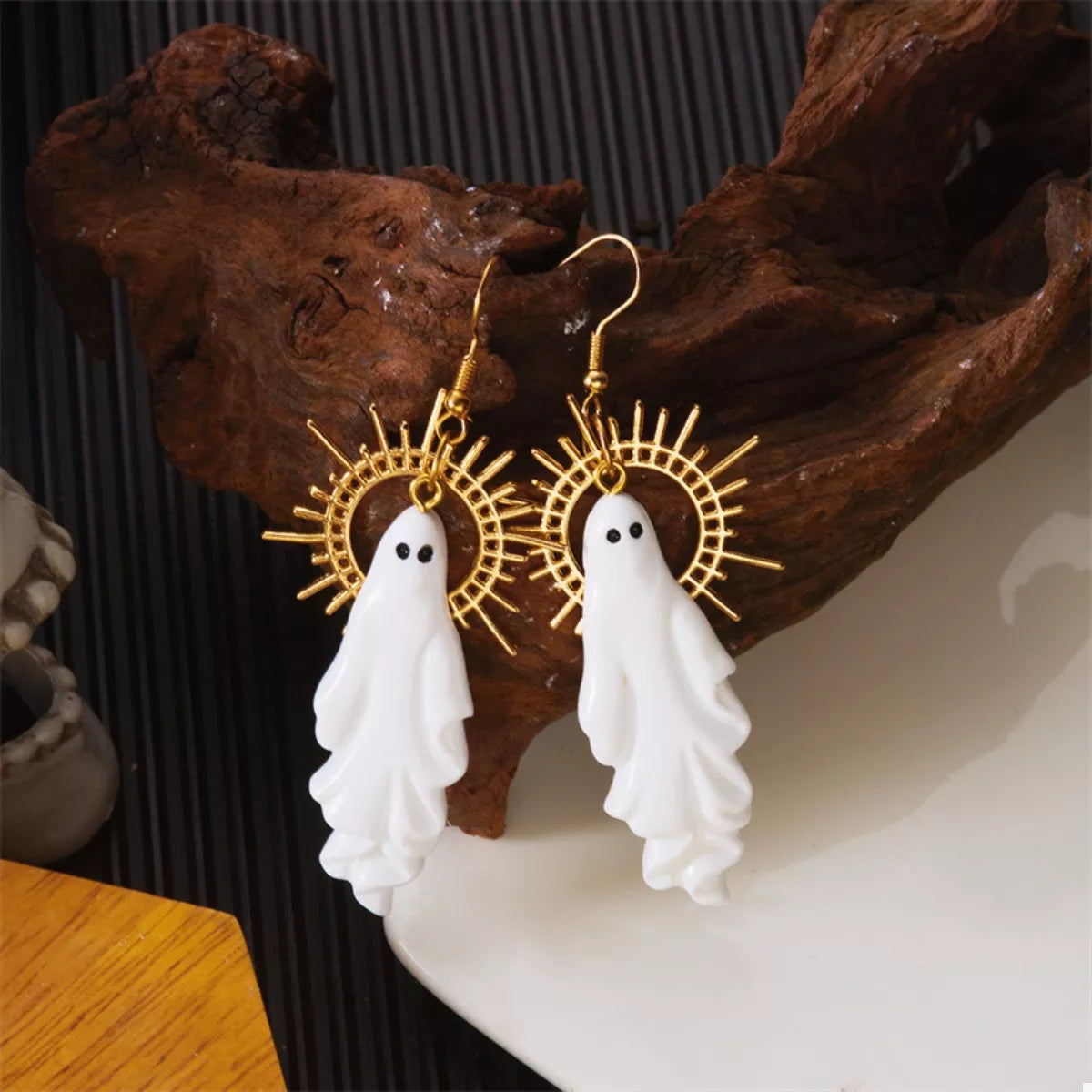 Fashorio Gold / One Size Halloween Sunburst Ghost Drop Earrings