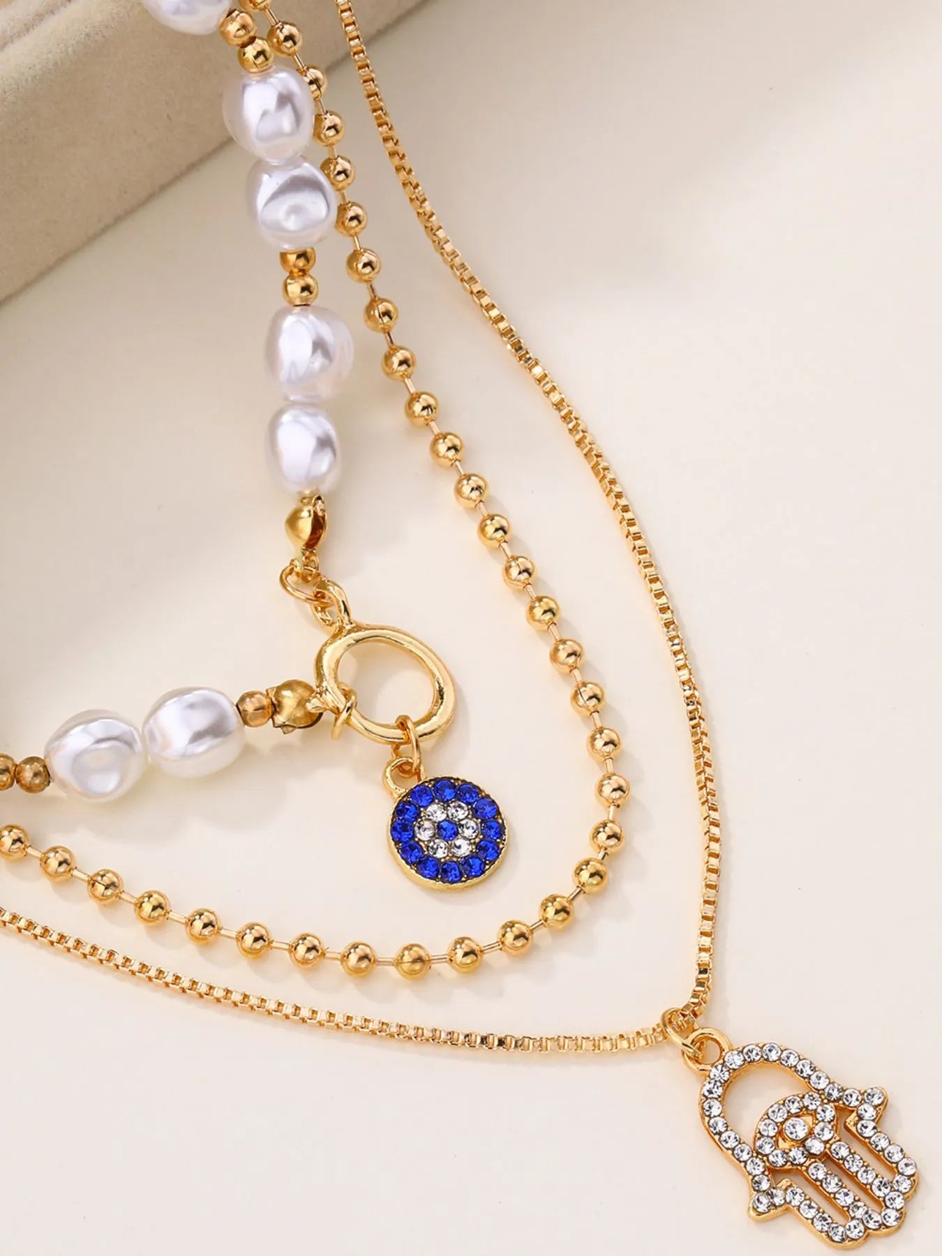 Fashorio Gold / One Size Layered Pearl Chain Evil Eye Hamsa Pendant Necklace