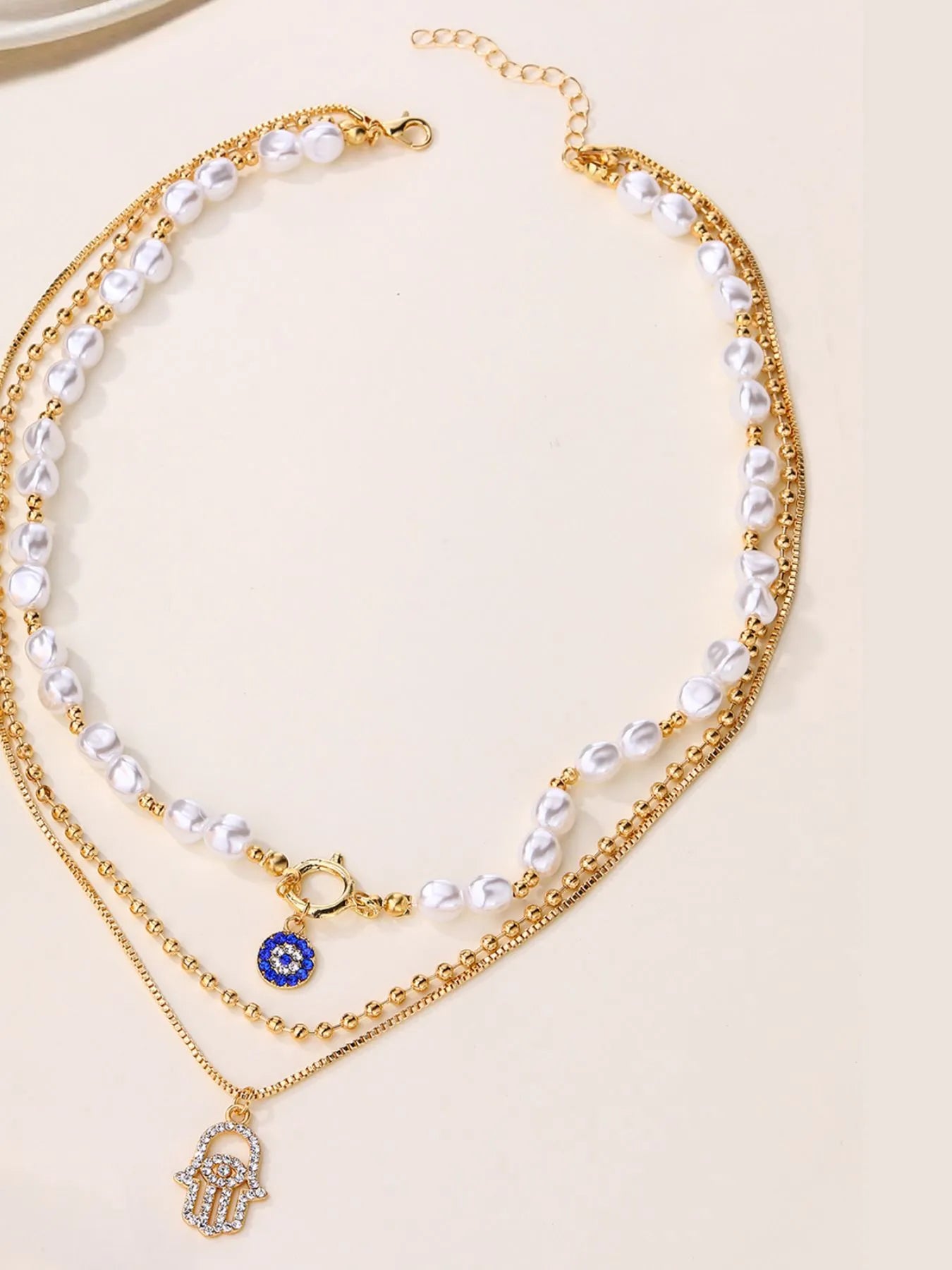 Fashorio Gold / One Size Layered Pearl Chain Evil Eye Hamsa Pendant Necklace