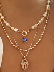 Fashorio Gold / One Size Layered Pearl Chain Evil Eye Hamsa Pendant Necklace