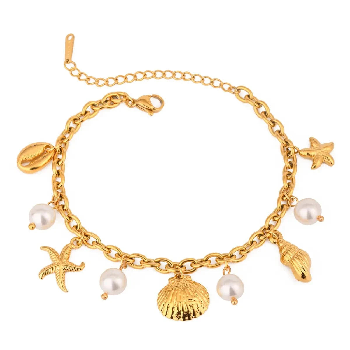 Ocean Theme Stainless Steel Chain Bracelet with Seashell and Starfish Pendants - Fashorio