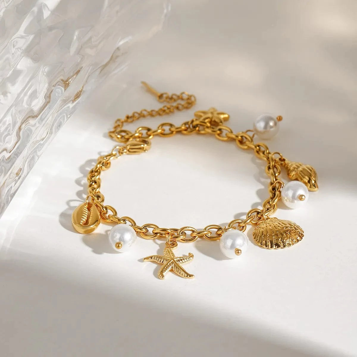 Ocean Theme Stainless Steel Chain Bracelet with Seashell and Starfish Pendants - Fashorio