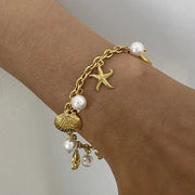 Ocean Theme Stainless Steel Chain Bracelet with Seashell and Starfish Pendants Gold One Size - Fashorio