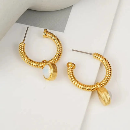 Rope Cat's Eye Stone C-Hoop Earrings - Fashorio