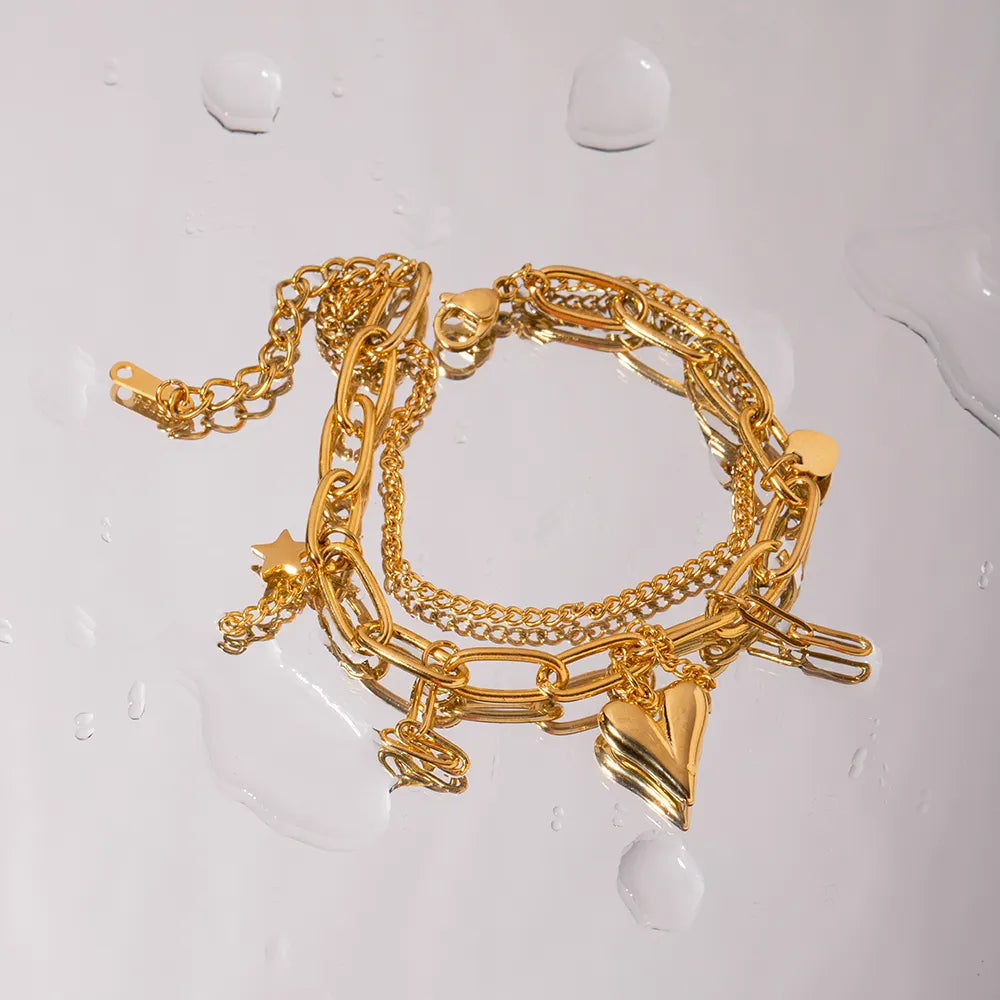 Fashorio Gold / One Size Stainless Steel Double Layered Charm Bracelet