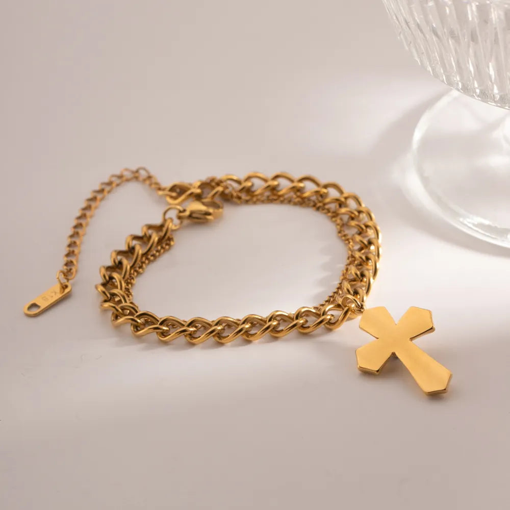 Fashorio Gold / One Size Stainless Steel Imitation Gemstone Cross Shape Pendant Bracelet