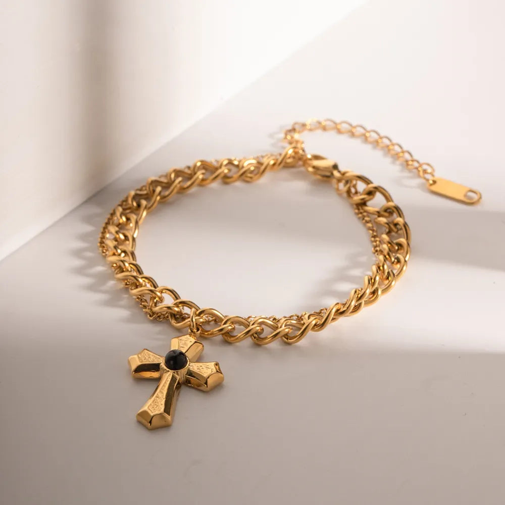 Fashorio Gold / One Size Stainless Steel Imitation Gemstone Cross Shape Pendant Bracelet