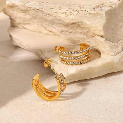 Stainless Steel Inlaid Zircon C-Hoop Earrings - Fashorio