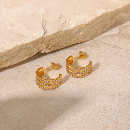 Stainless Steel Inlaid Zircon C-Hoop Earrings - Fashorio