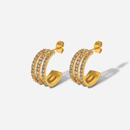Stainless Steel Inlaid Zircon C-Hoop Earrings Gold One Size - Fashorio